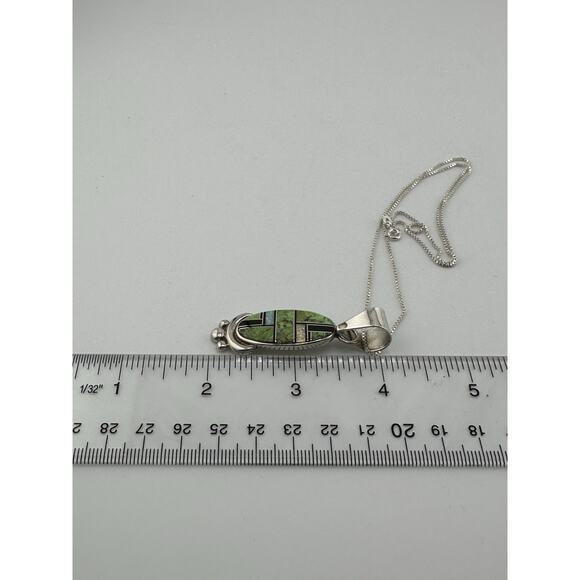 Native American Made Inlayed Green Turquoise/Onyx/Opal Sterling Silver Necklace - Picture 6 of 8